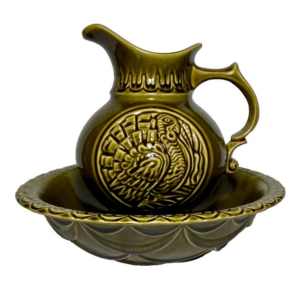 Mccoy Other - MCM McCoy Pottery #7516 Green Turkey Pitcher w/Bowl Set Embossed 1968 Vintage